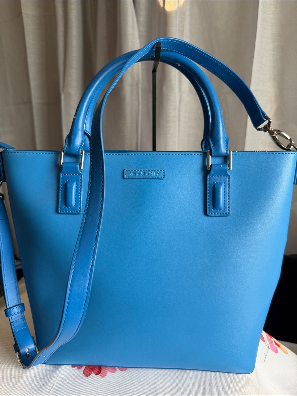 Vera Bradley Bright Blue Leather Satchel with Adjustable Strap